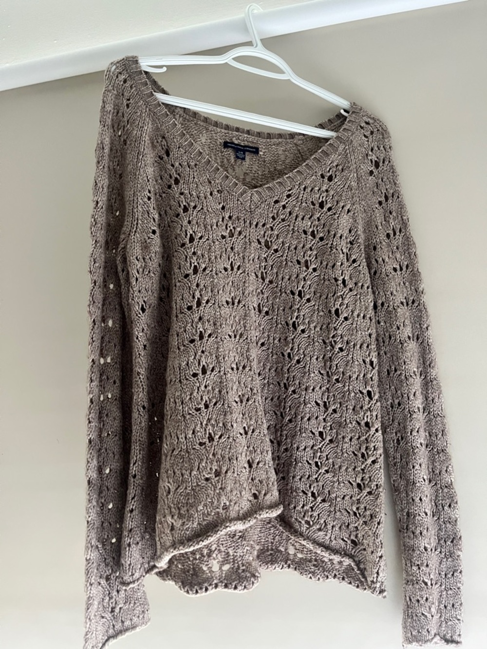 American Eagle Outfitters Taupe Openwork V-Neck Sweater